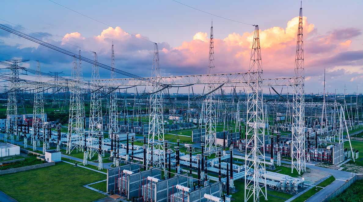 Large electrical substation infrastructure demonstrating the long-term reliability of materials produced via advanced polymer compounding and alloys.